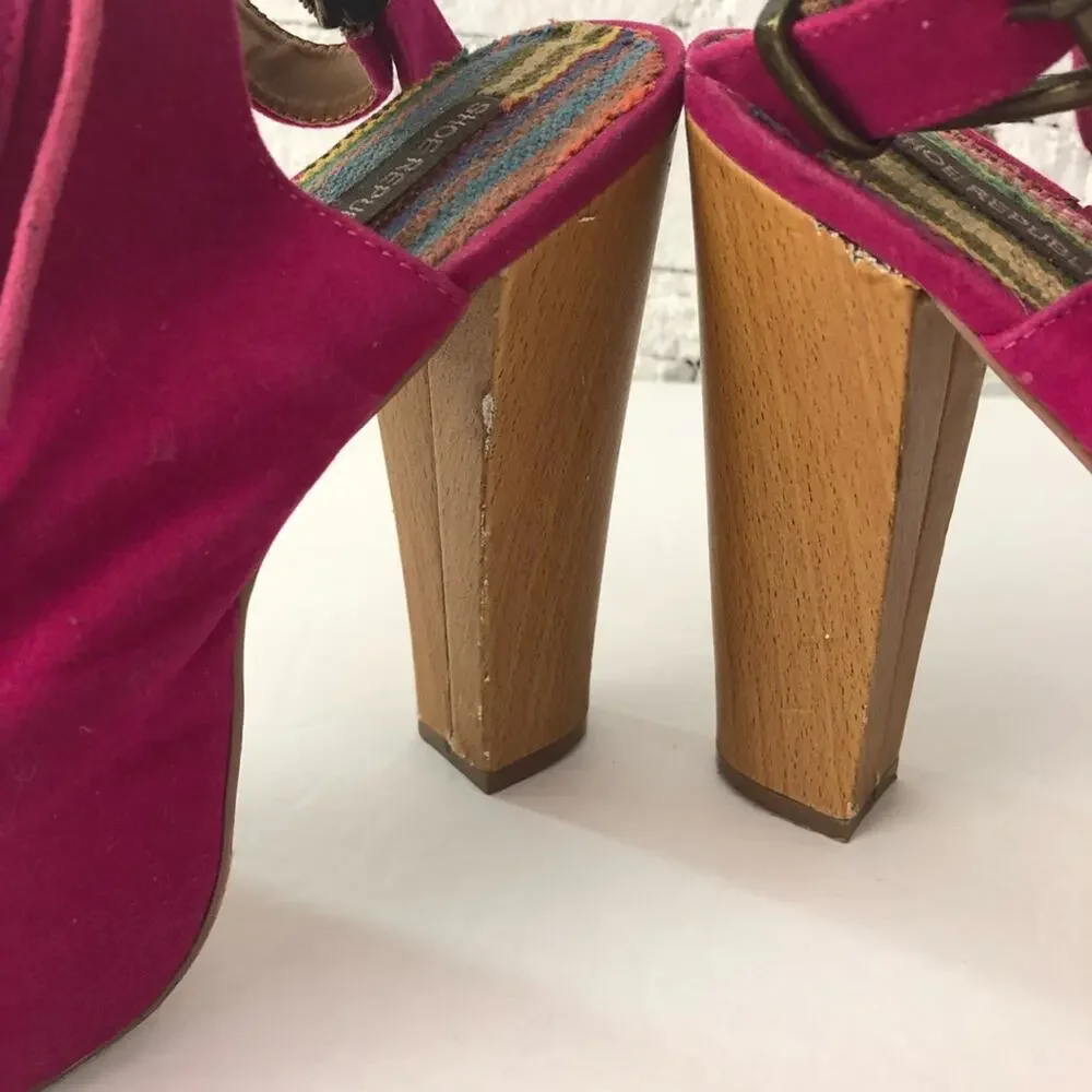 Vintage Shoe Republic LA Y2K Magenta Pink Velvety Platform Wooden Heels